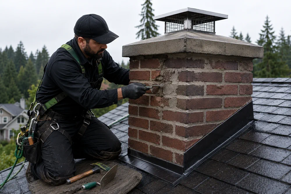 Technician repointing mortar joints on a brick chimney above a wet roof