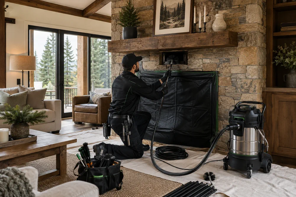 Technician sweeping a flue with the fireplace opening sealed and the floor covered